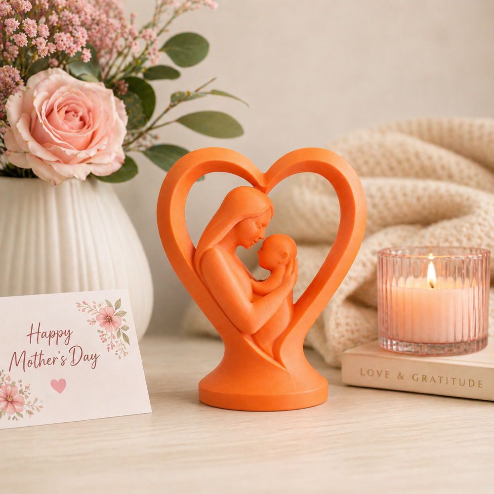 Orange sculpture of a mother and child in a heart shape, surrounded by flowers, a candle, and a card on a wooden surface.
