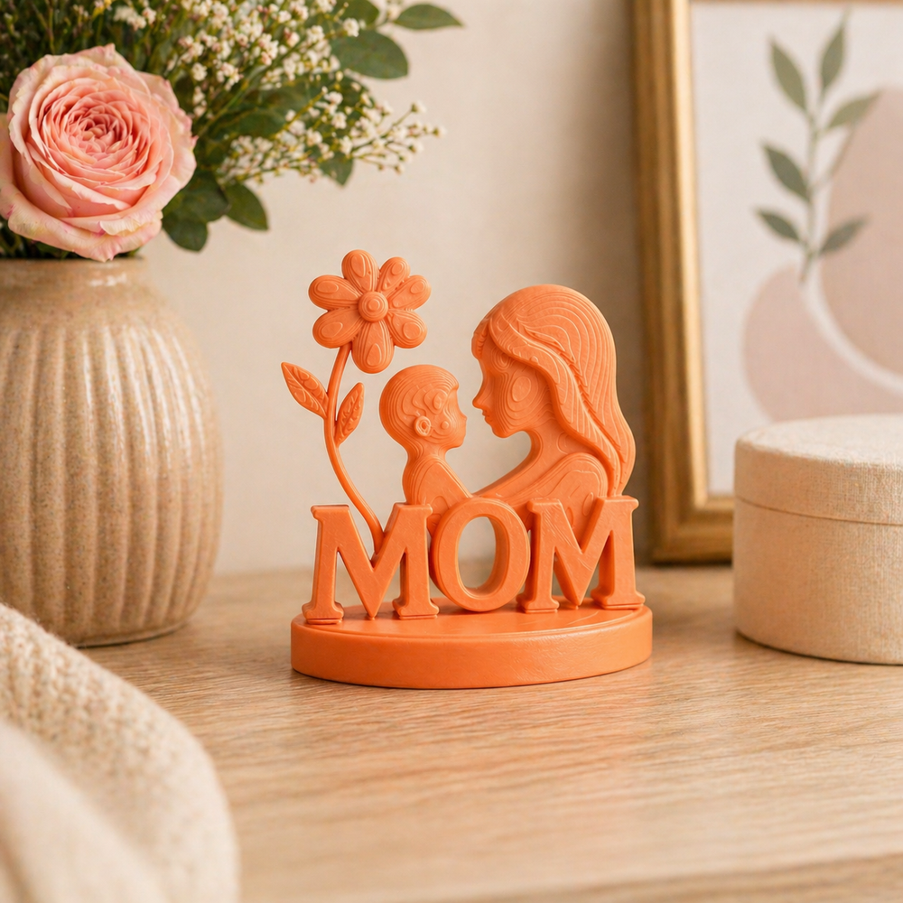 Orange decorative figure with a mother and child holding a flower, placed on a wooden surface with a vase and framed picture in the background.