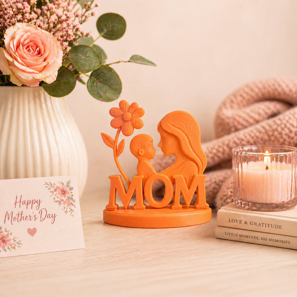 Orange decorative item with 'MOM' and a baby, surrounded by flowers and books on a table.