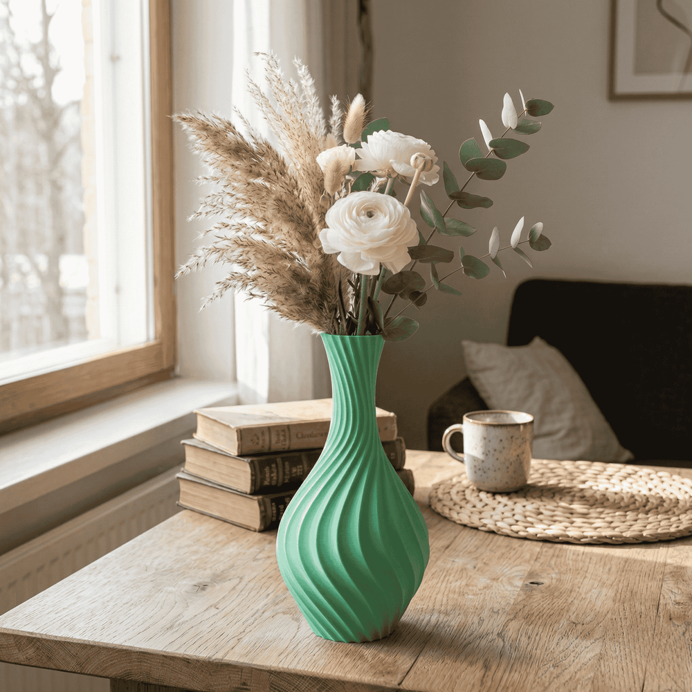 Green vase with flowers on a wooden table near a window