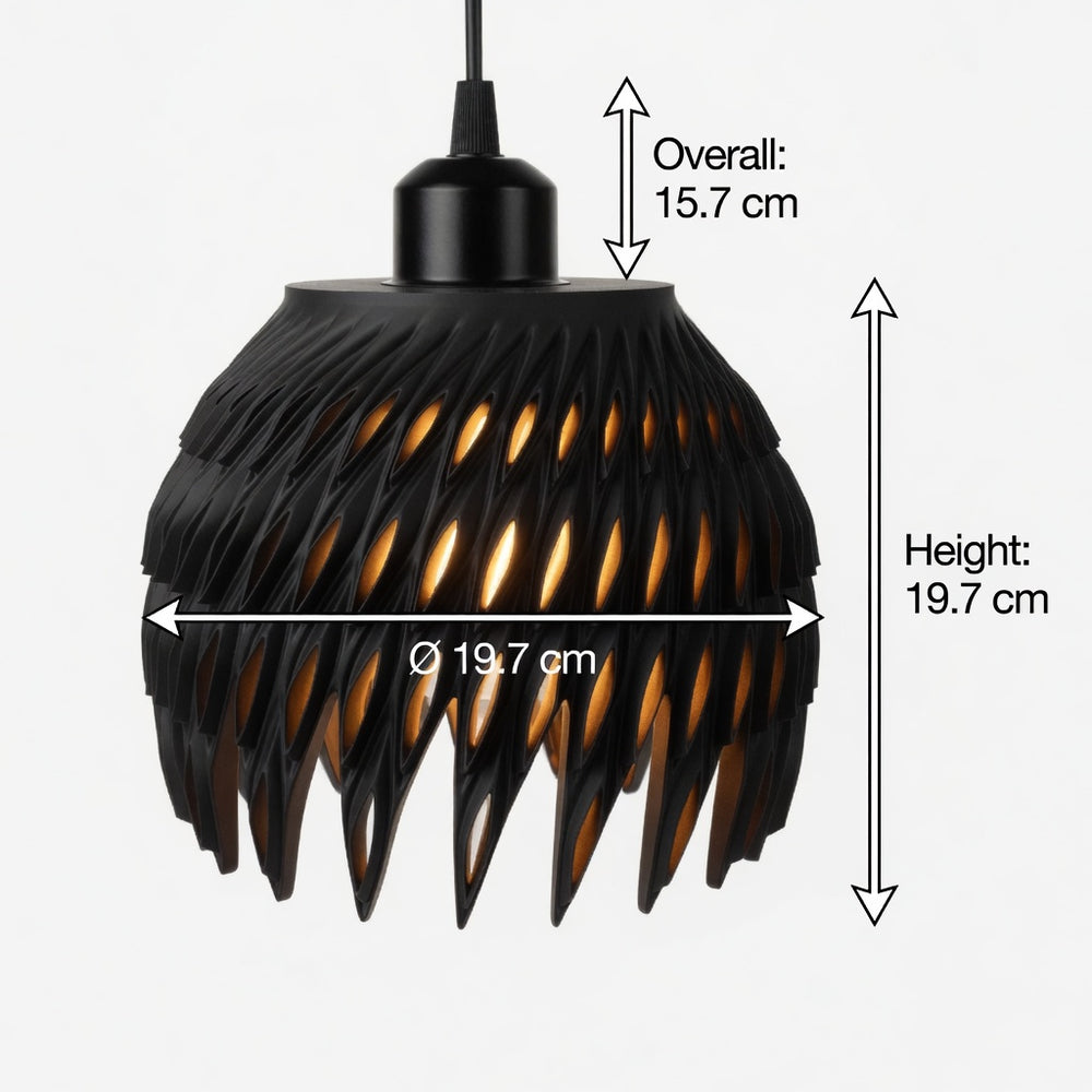 Black pendant light with measurements on a white background