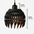 Black pendant light with measurements on a white background