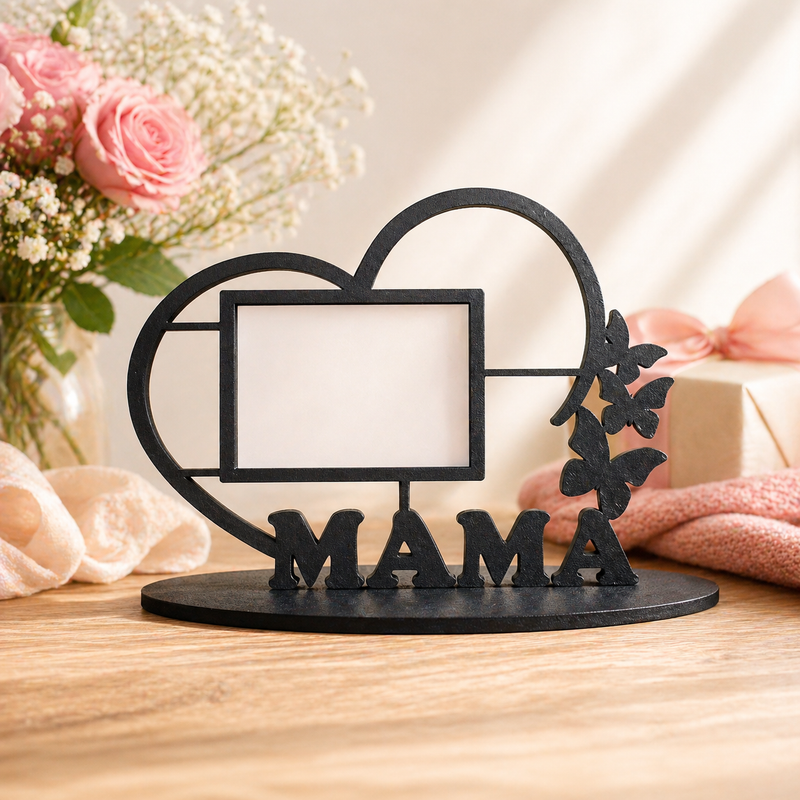 Decorative piece with a photo frame and 'MAMA' text on a wooden surface with flowers in the background.