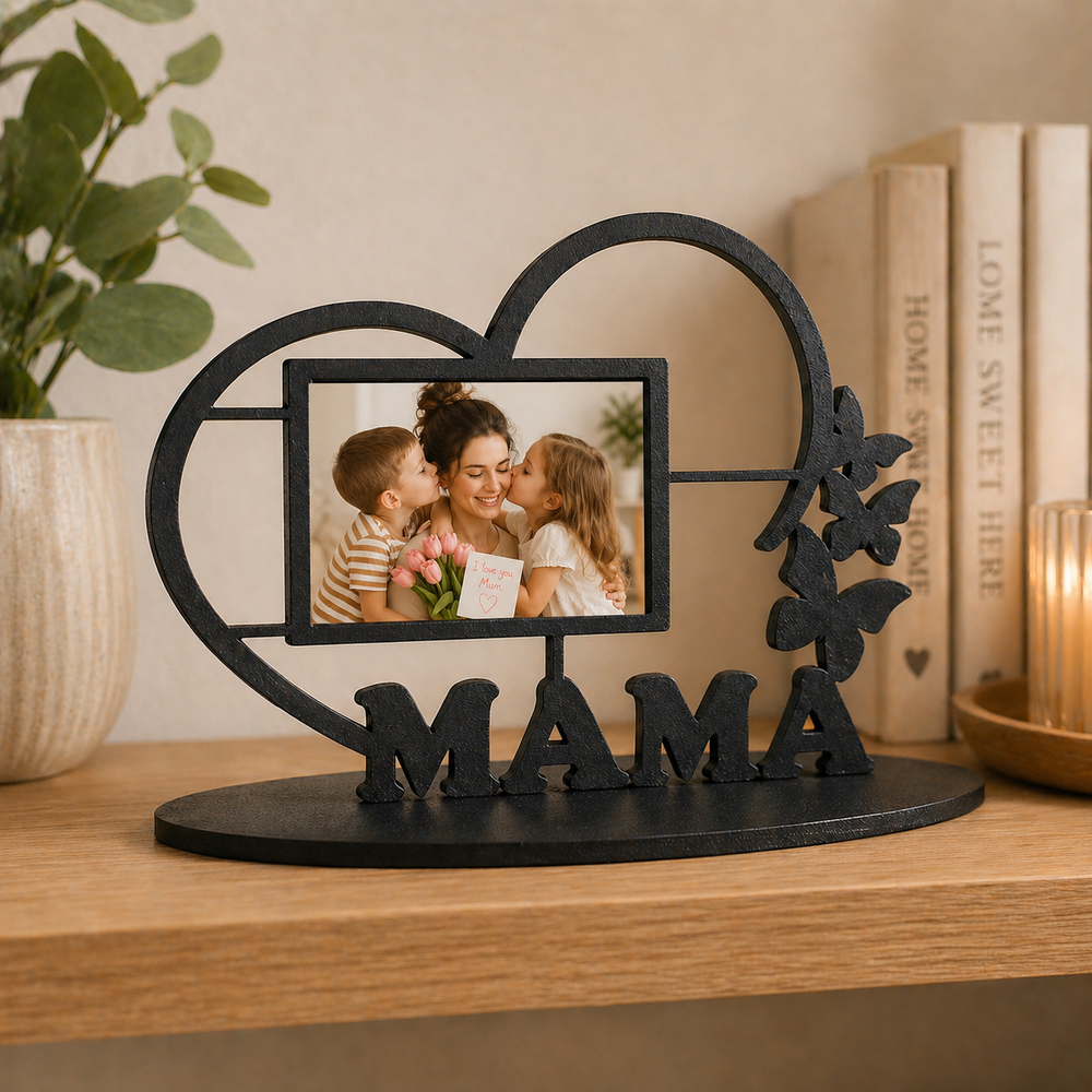 Black metal photo frame with 'MAMA' and heart design on a wooden surface.