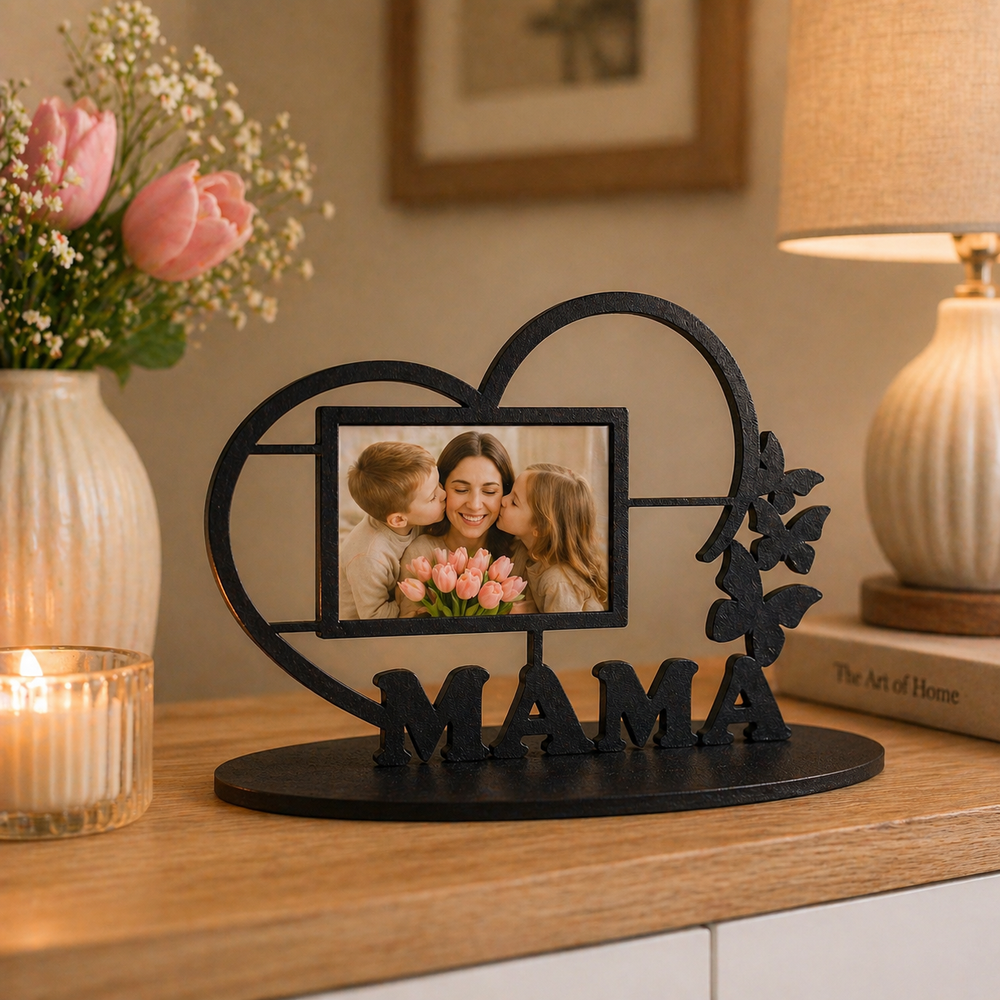 Decorative photo frame with 'MAMA' on a table with flowers and a lamp in the background