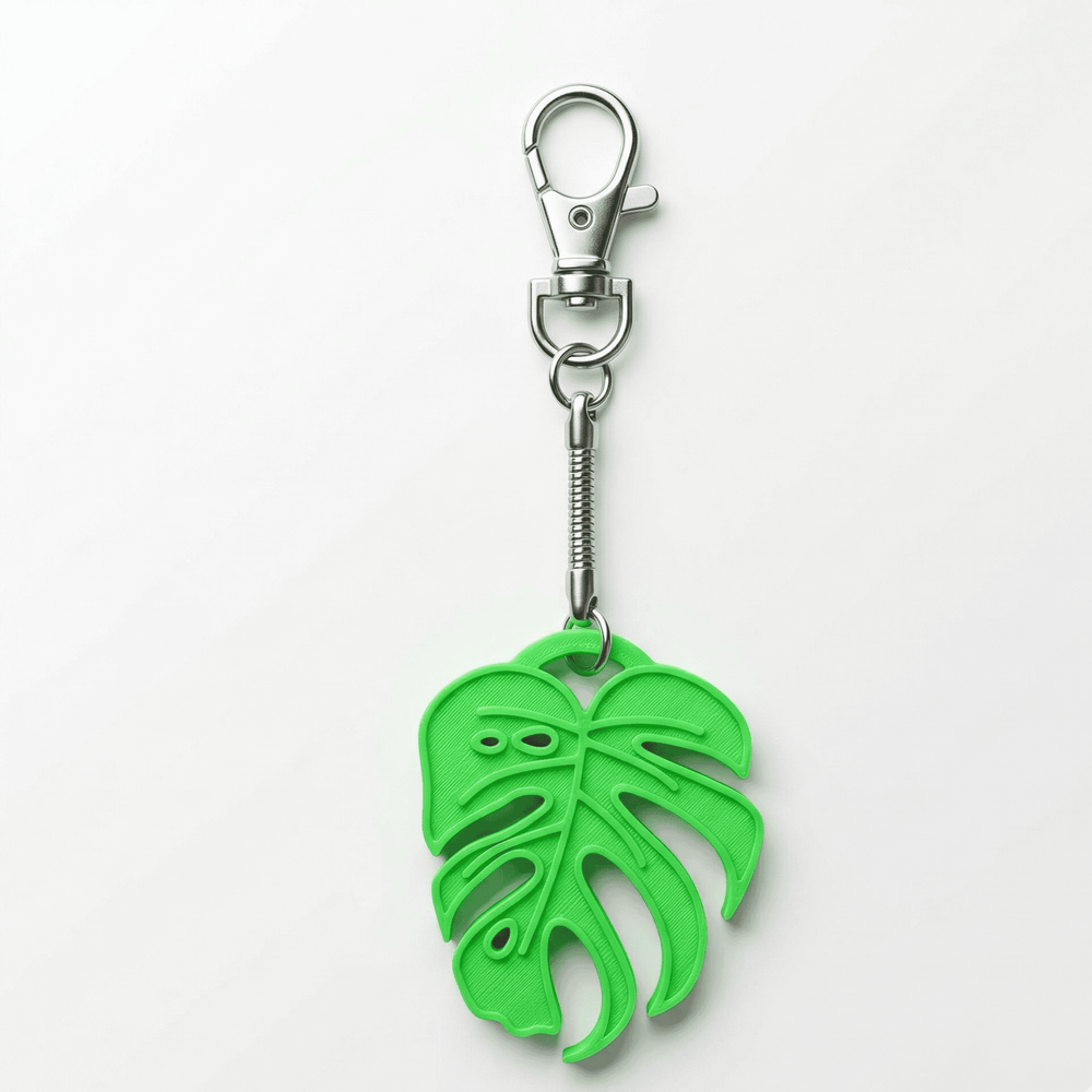 Green leaf-shaped keychain with a metal clasp on a white background