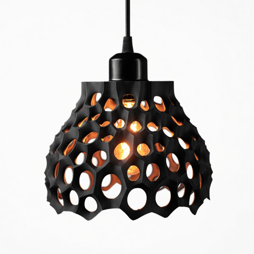 Black pendant light with a unique geometric design on a white background