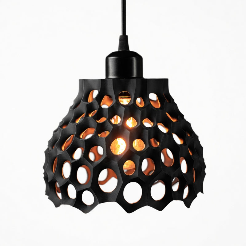 Black pendant light with a unique geometric design on a white background