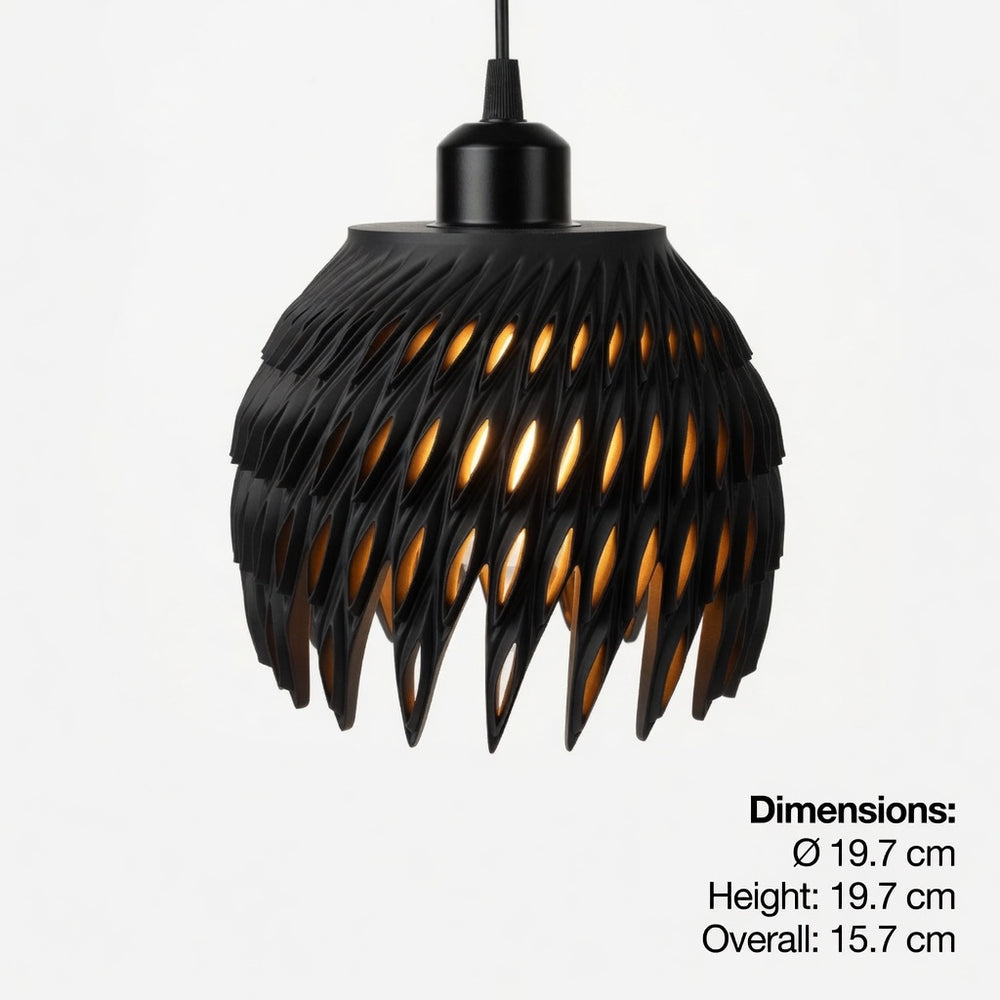 Black geometric pendant light on a white background with dimensions displayed.
