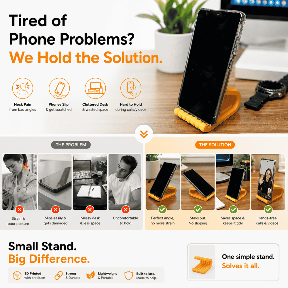 Phone stand solution with text and images on a desk setup