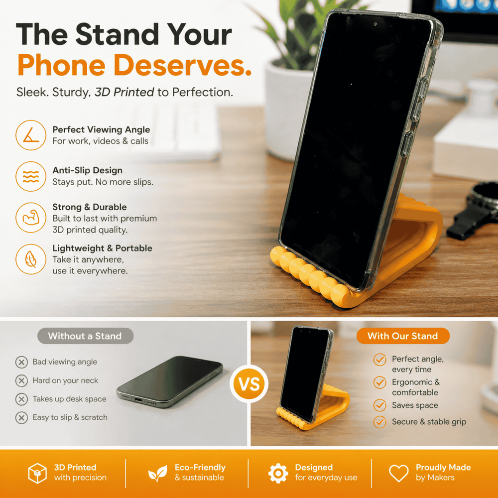 Yellow phone stand with smartphone on a desk, featuring text about its features.