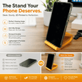 Yellow phone stand with smartphone on a desk, featuring text about its features.