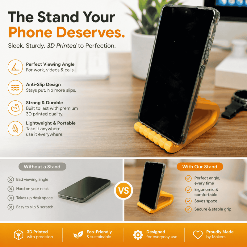 Yellow phone stand with smartphone on a desk, featuring text about its features.
