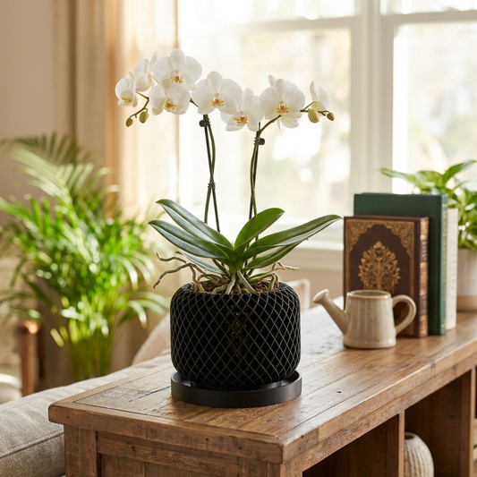 White orchid in a black pot on a wooden table with a blurred background