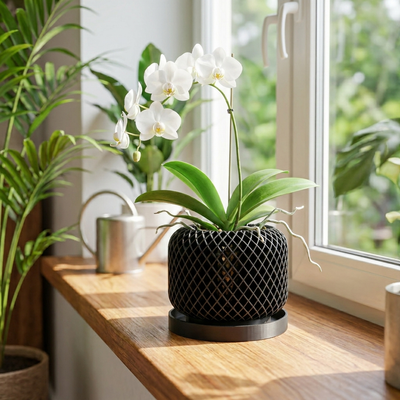 White orchid in a black pot on a wooden windowsill with greenery in the background