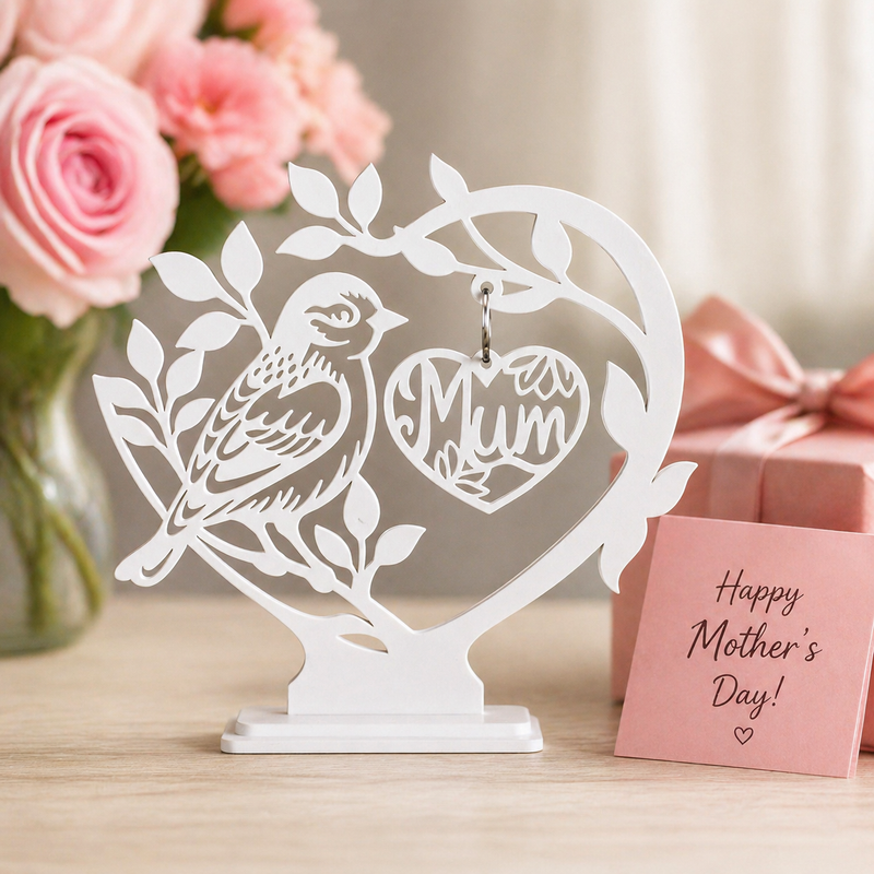 Decorative metal piece with 'Mum' heart and bird design, pink roses, and gift box on a wooden surface.