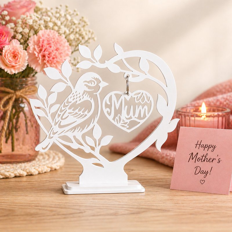 Decorative item with 'Mum' on a stand next to flowers and a candle, with a 'Happy Mother's Day!' card.