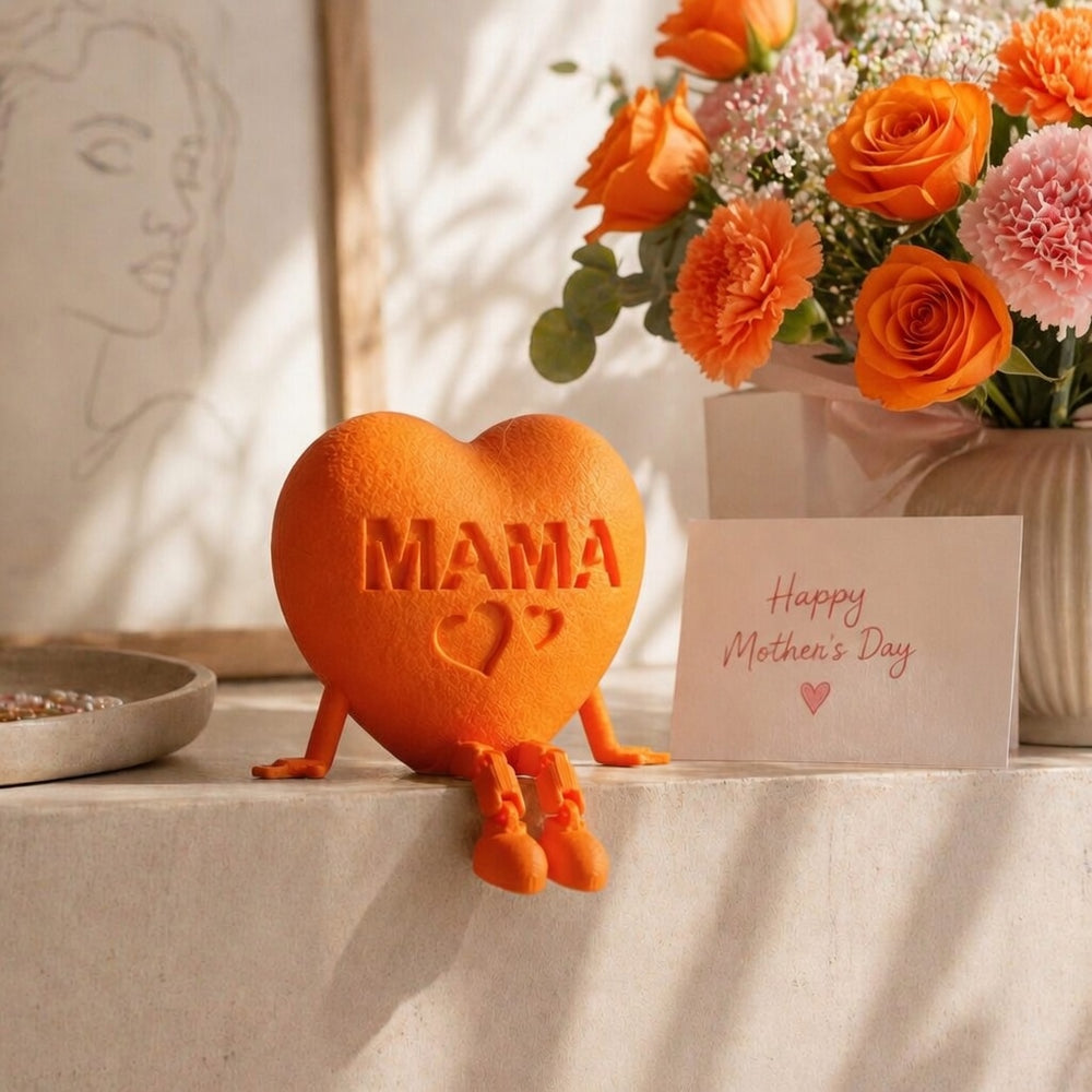 Orange heart-shaped figurine with 'MAMA' and a heart on it, next to a bouquet of flowers and a Mother's Day card.