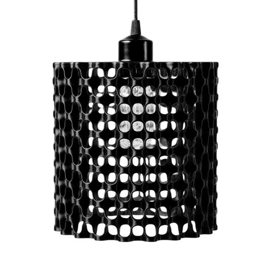 Black pendant lamp with a textured design on a white background