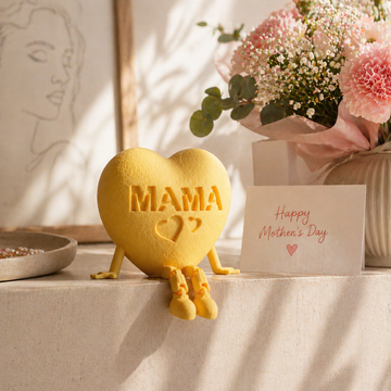 Yellow heart-shaped figurine with 'MAMA' and a question mark on a table with flowers and a card.