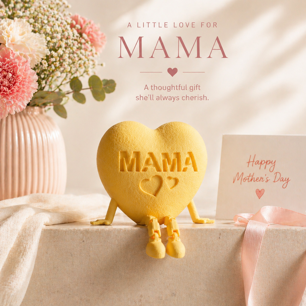 Heart-shaped 'MAMA' figurine with a card on a table, surrounded by flowers, for Mother's Day.