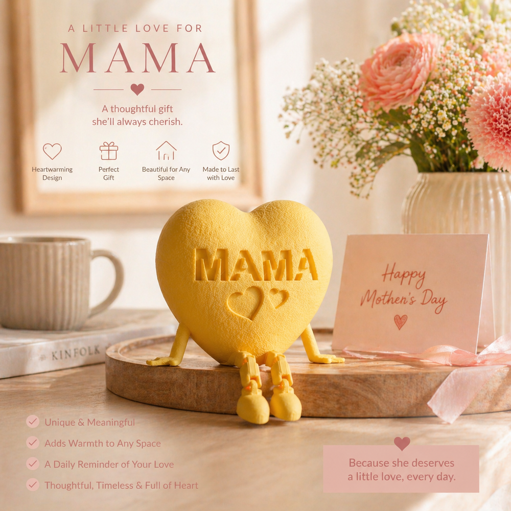 Heart-shaped 'MAMA' figurine on a wooden base with a card and flowers in the background.