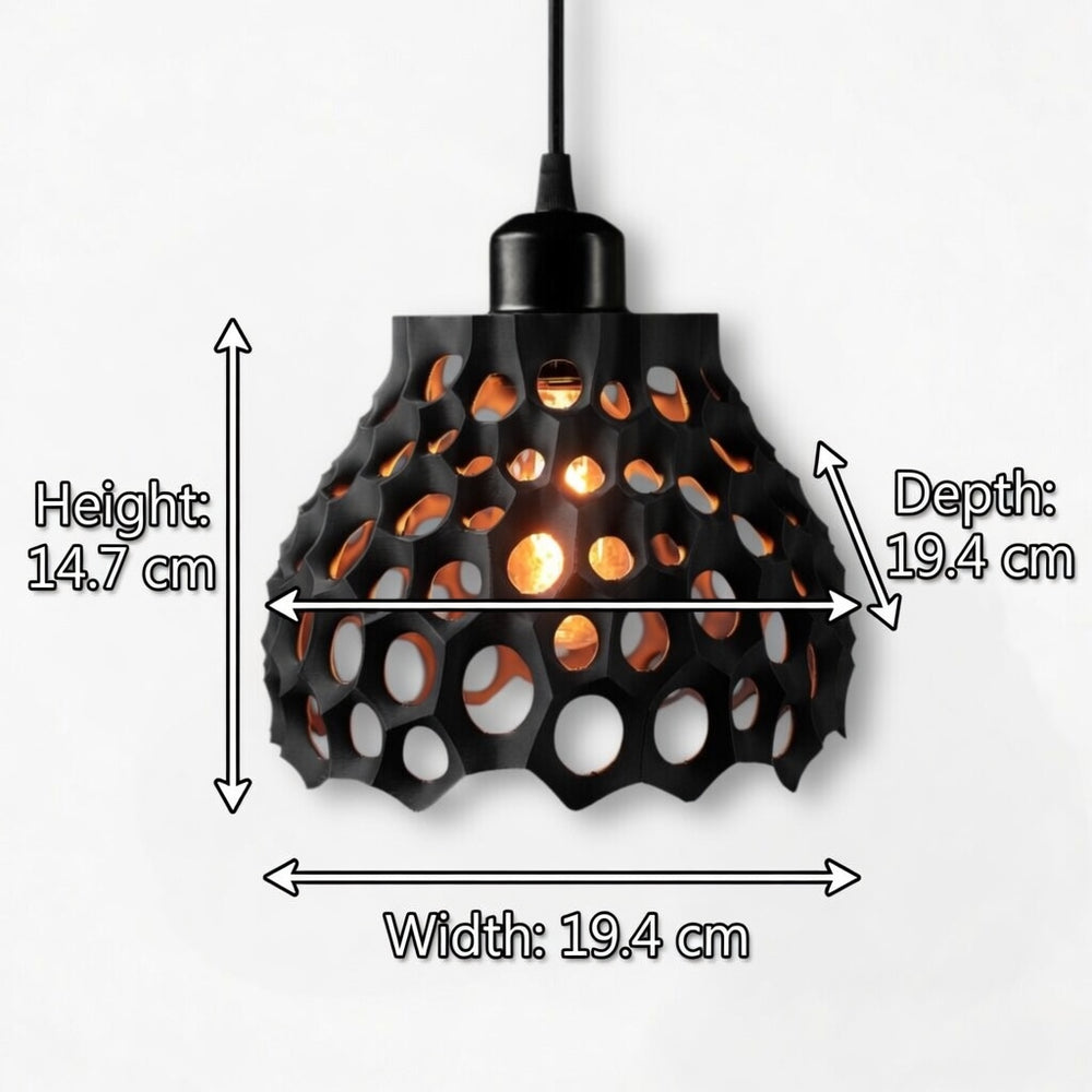 Black pendant light with measurements on a white background