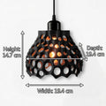 Black pendant light with measurements on a white background
