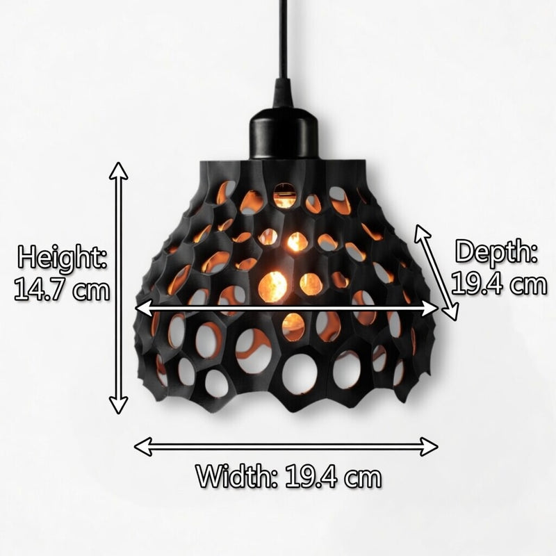 Black pendant light with measurements on a white background