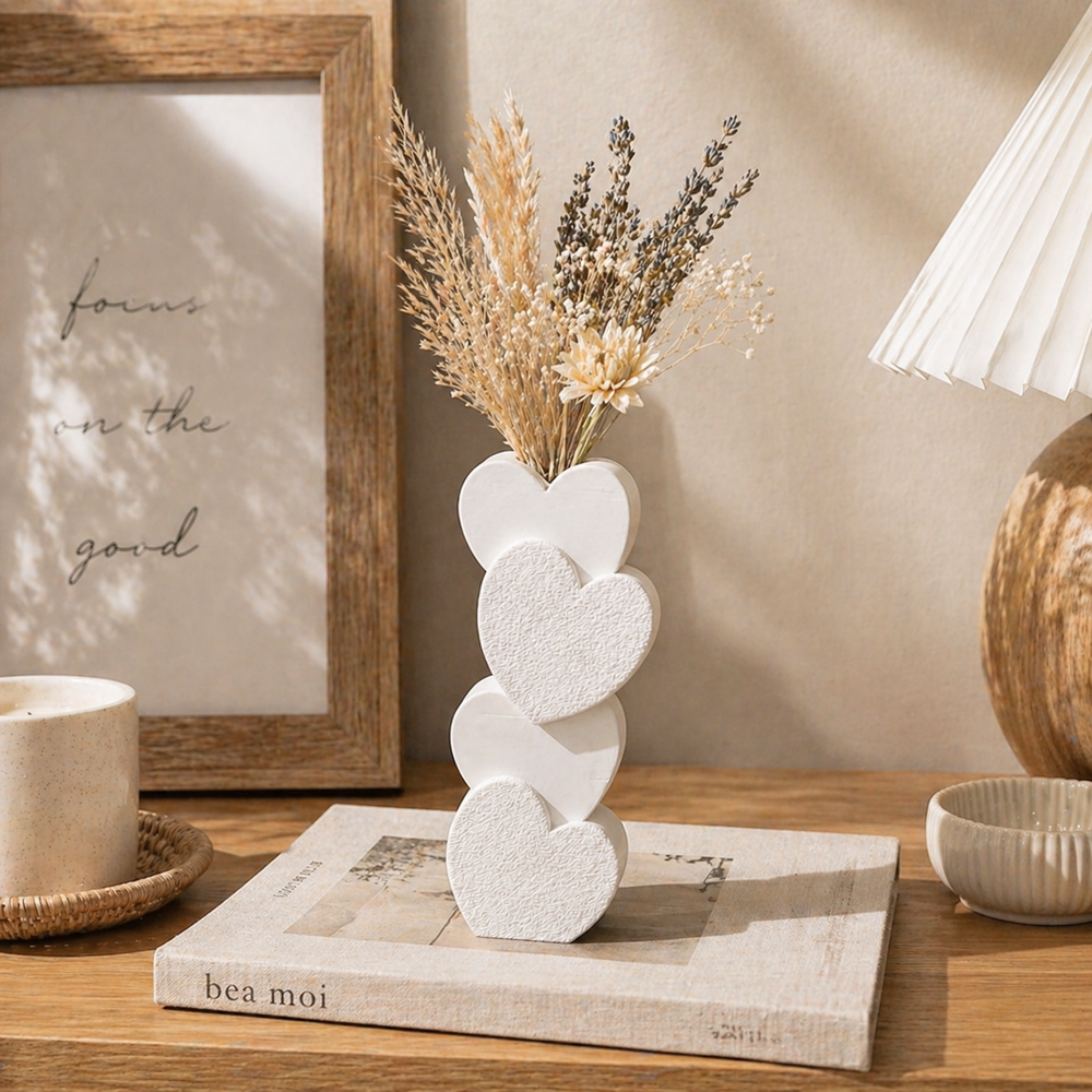 Decorative vase with heart shapes on a wooden surface with a lamp and framed text in the background.