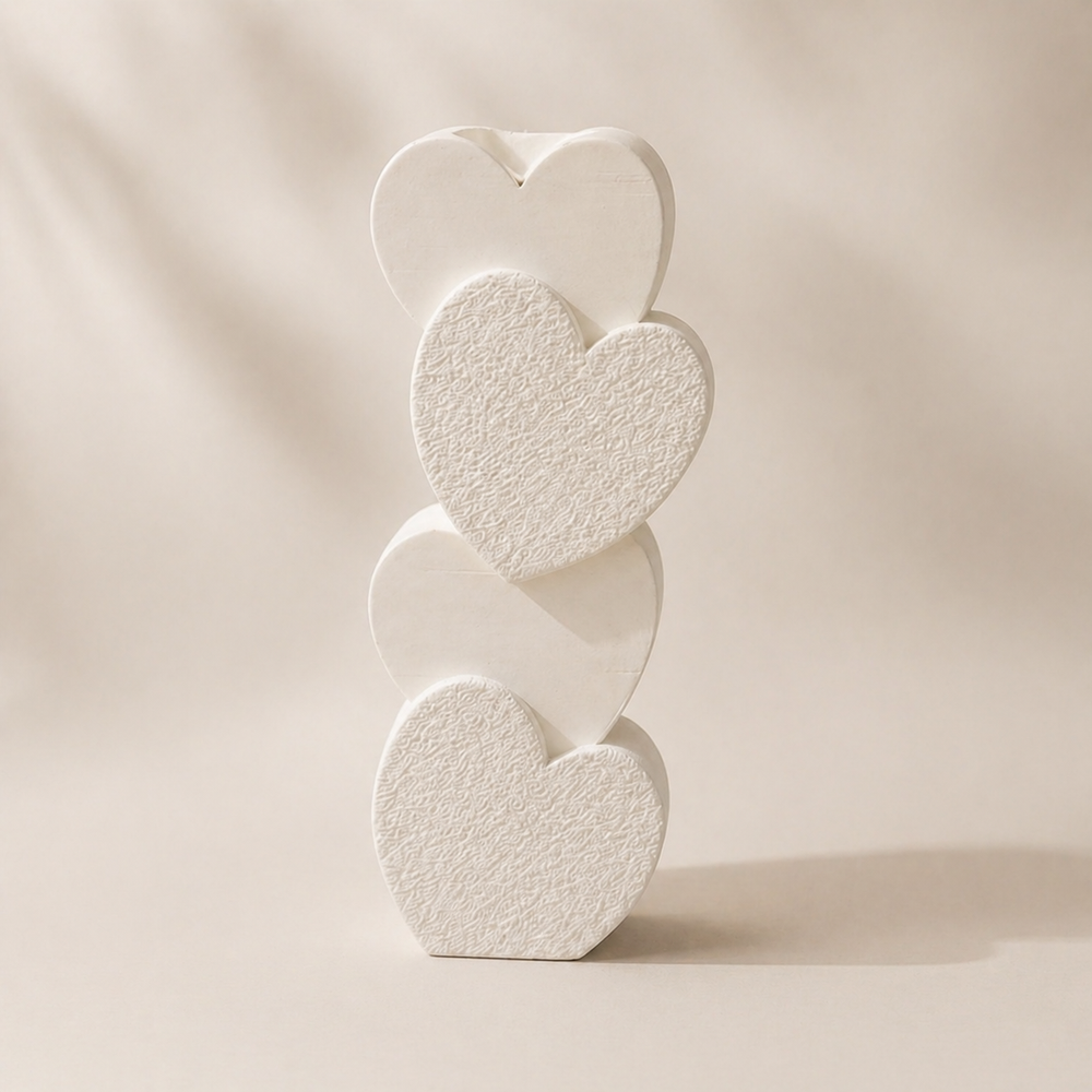 Decorative sculpture of three stacked heart shapes on a beige background